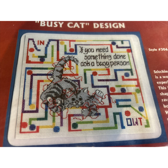 Vintage Mouse Pad Cross Stitch KIt "Busy Cat" Design Crafters Pride Vinyl Weave - Picture 3 of 5